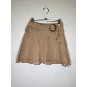 Free People Higher Ground Flared Tan Linen Mini Skirt EUC Sz 2 Belted Side Zip